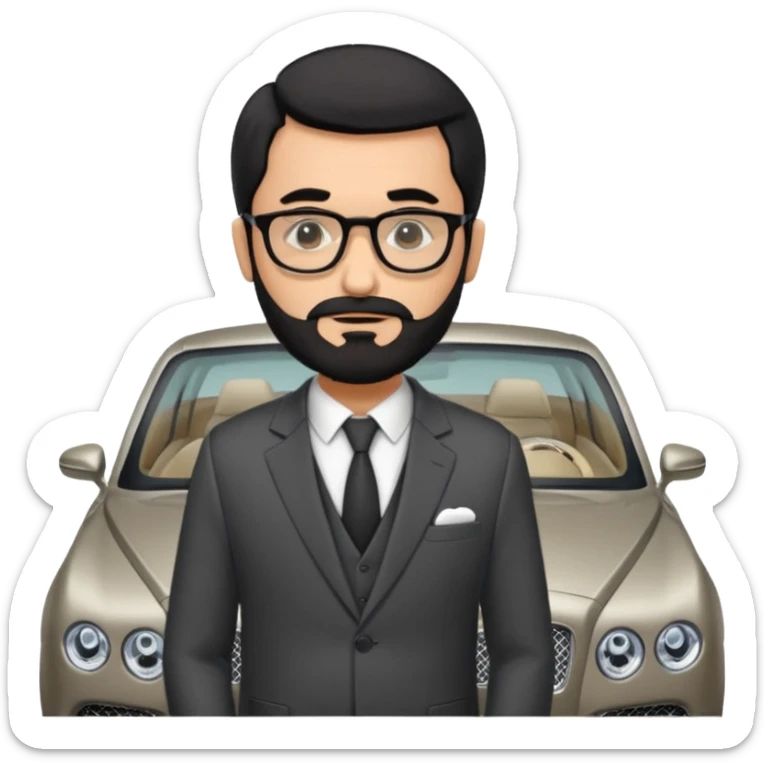Professor Bentley Dyed black gray hair  frencb beard graying indian guy in suit with a bentley car. Older look with glasses sticker