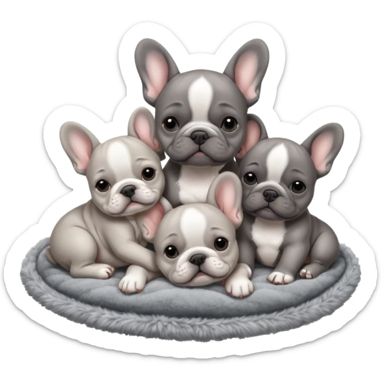 Gray French bulldog puppy, sleeping on a realistic fuzzy blanket with his brother and sister sticker