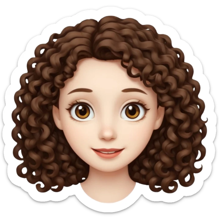 Light brown eyed female with pale skin. She has big eyes, curly and long dark brown hair and thin lips smiling. sticker