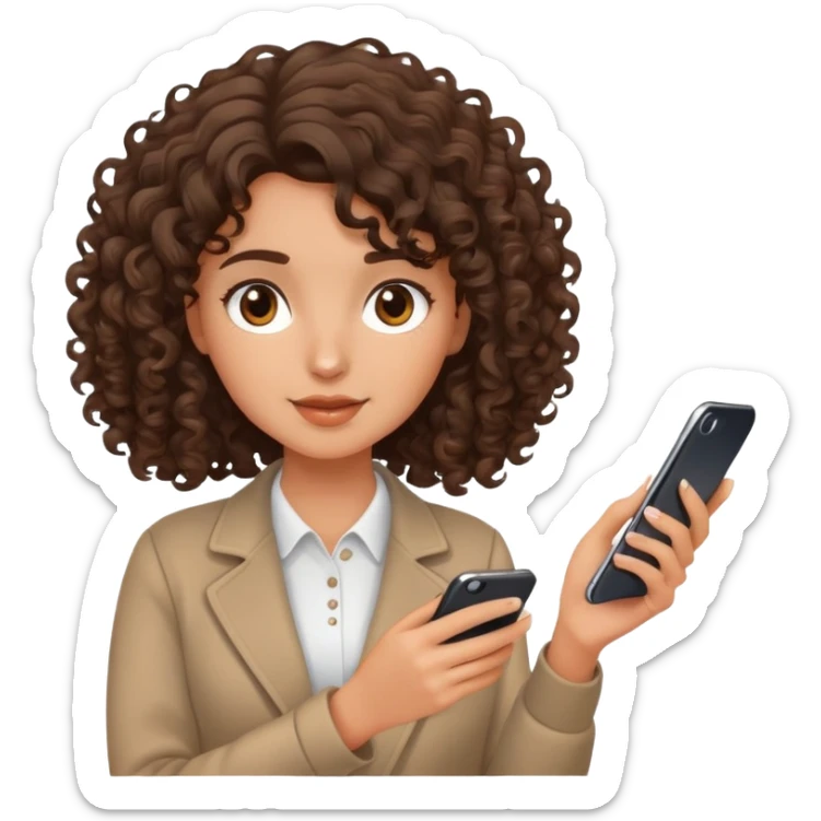 brunette girl with curly medium length hair, brown eyes, slightly tan skin, holding a phone sticker