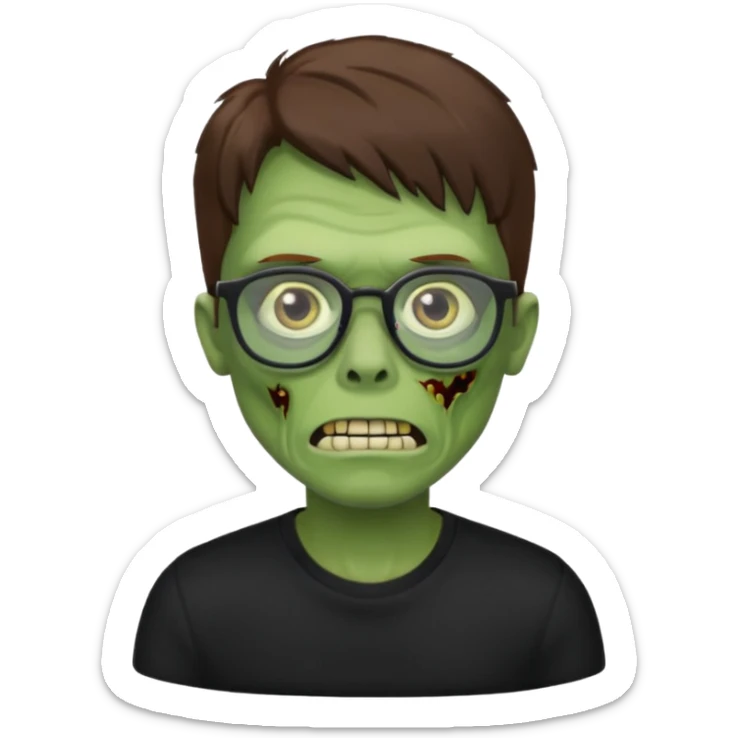 Green zombie, brown hair, black glasses, black shirt. iOS style. sticker