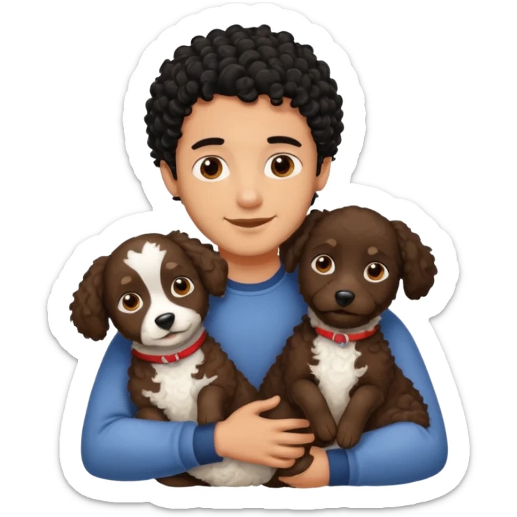 Young man with little brown skin, black curly hair, cheerful dark brown eyes, hugging two york dog sticker