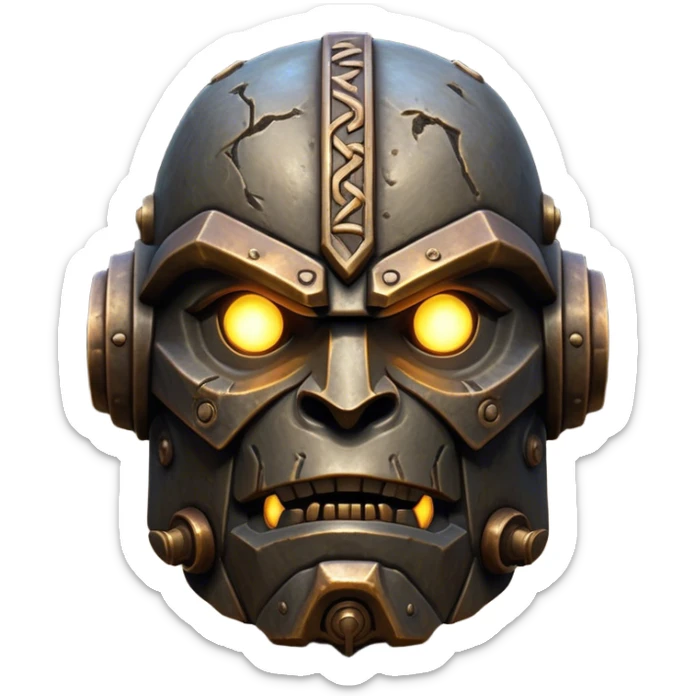 Cinematic Noble Mighty Iron Golem Portrait Emoji Poised and imposing, with a towering, metallic form forged from intricately detailed plates of burnished steel and ancient bronze, etched with faint traces of runes and weathered marks of time. Its piercing, glowing eyes radiate unwavering resolve, casting a solemn and commanding presence; rendered with lifelike texture and natural metallic highlights, high shine, elegant yet indomitable, styled with an aura of legendary endurance, focused and resolute, soft glowing outline, capturing the essence of an eternal guardian, standing vigilant and immovable as if ready to awaken at any moment with unstoppable might! sticker