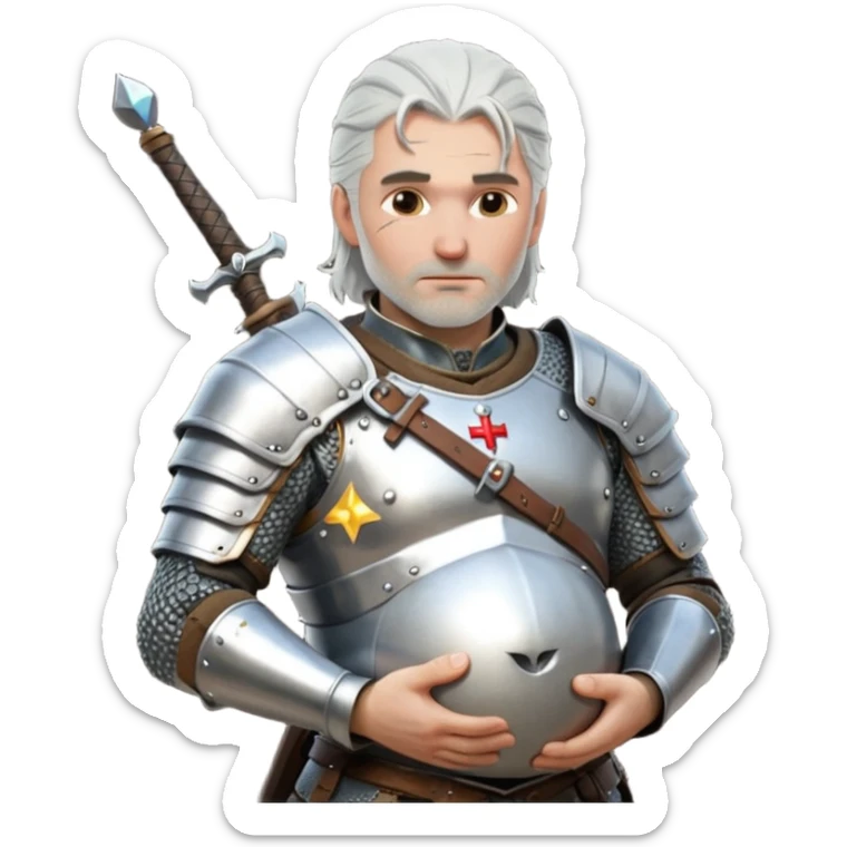Geralt of Rivia holding pregnant belly, silver hair, medieval armor, magical atmosphere, Apple emoji style sticker