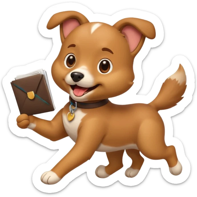 cute emoji-style dog running with a resume in its mouth, happy and energetic, simple bold lines sticker