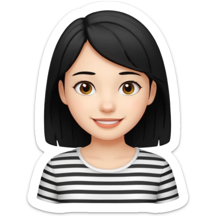 Black-haired girl, short to the neck, wearing white shirt with black stripes, happy sticker
