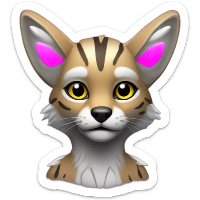 Coyote ocelot with grey and black fur and phoenix wings and pink ears, neon lights sticker
