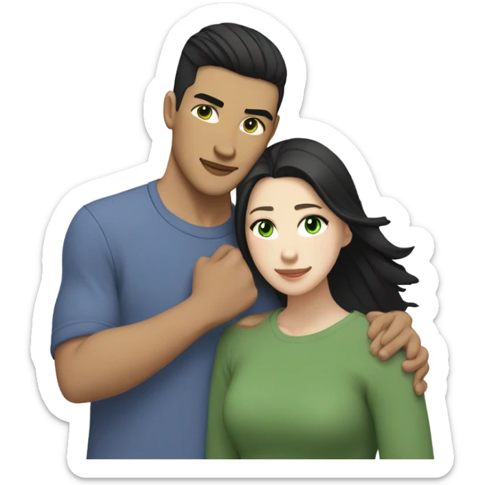 Light skin Asian male with undercut straight black hair and white female with green eyes and long brown wavy hair tightly hugging each other  sticker