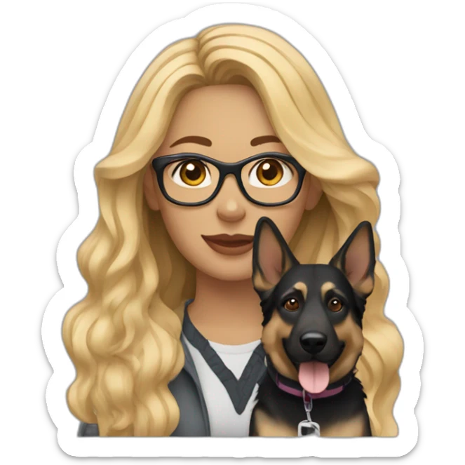 woman with wavy long blonde hair wearing glasses with german shepherd dog sticker