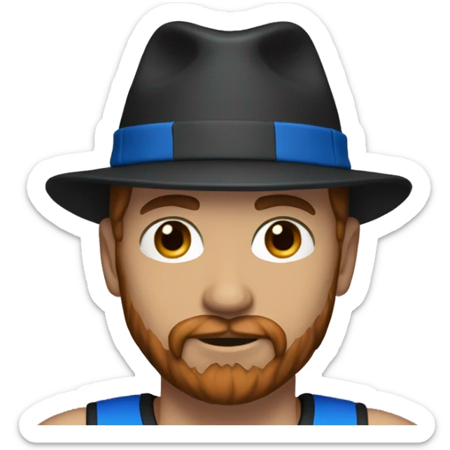 35 years old, male, red hair, black basketball hat, blue eyes, pale complexion, thick beard and thin mustache sticker