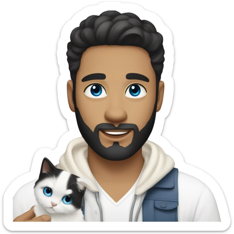A guy with a black earing and black short hair and black beard and holding a all white Siberian cat with blue eyes  sticker