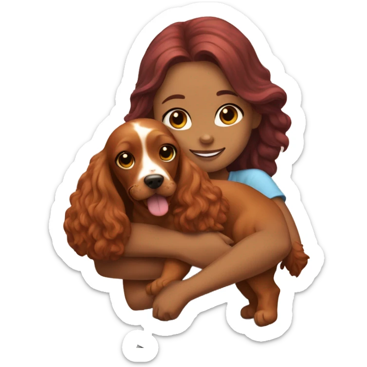 A very cute girl with red hair cuddling a happy caramel-brown English Cocker Spaniel. sticker