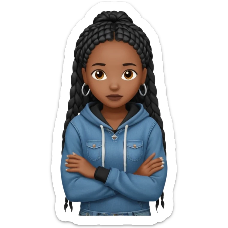 African American dark skin girl with long black box braids wearing plain black hoodie with denim skinny jeans with arms folded across chest sticker
