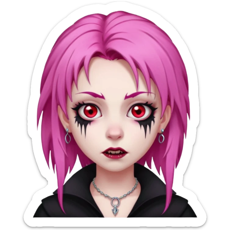 girl, pale vampire, pink hair, very long, shaggy, dark, spooky,double eyebrow dermal piercing, creepy expression sticker