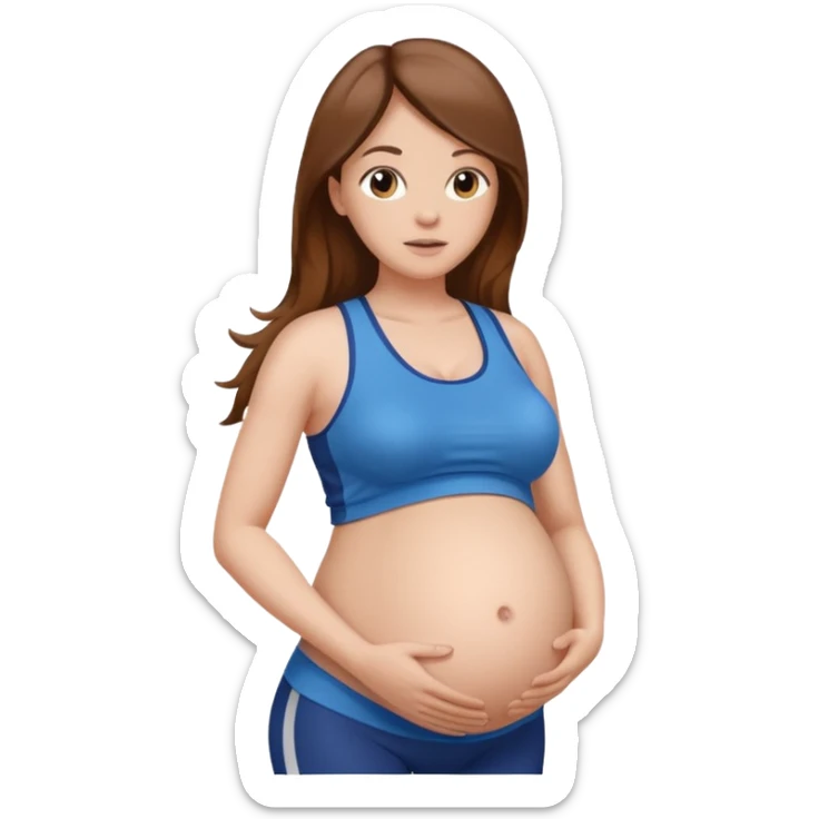 "Pregnant woman with visible belly skin, wearing sportswear, with long brown hair and fair skin."
 sticker