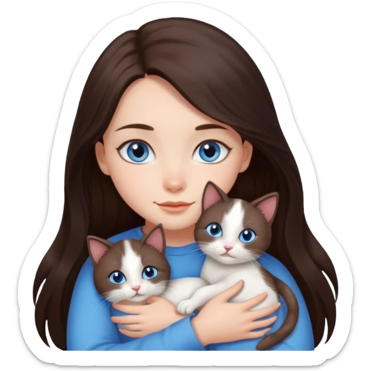 a pretty girl with long dark 
brown hair, with blue eyes, hugs 3 different natural coloured small cats sticker
