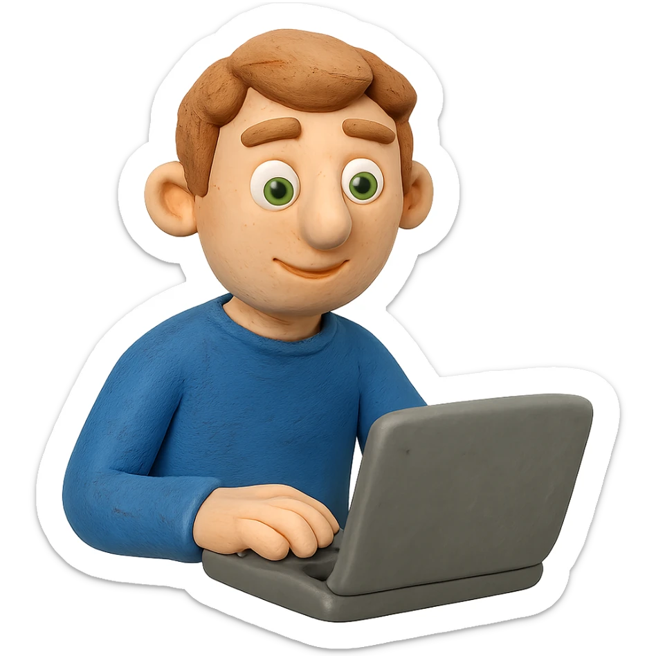 claymation style man with light brown hair and green eyes sitting in front of a laptop sticker