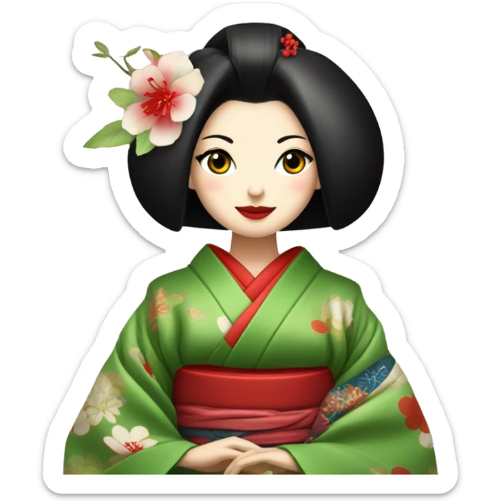 Geisha con kimono rojo y ojos verdes haciendo ceremonia del té  sticker