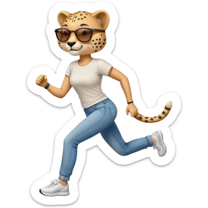 friendly anthropomorphised female cheetah in jeans and t-shirt, wearing dark sunglasses, jogging upright in standard pose sticker