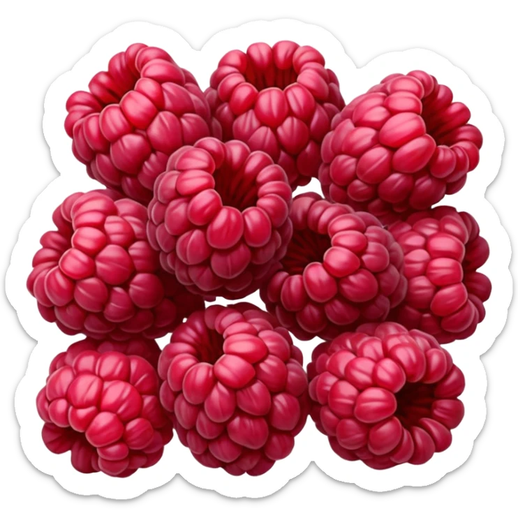 small cluster of whole dried raspberries with deep red to burgundy tones, wrinkled surfaces, hollow airy centers, matte slightly crisp texture, natural irregular shapes, no bowl or extras, soft lighting, subtle shadows, emoji scale sticker