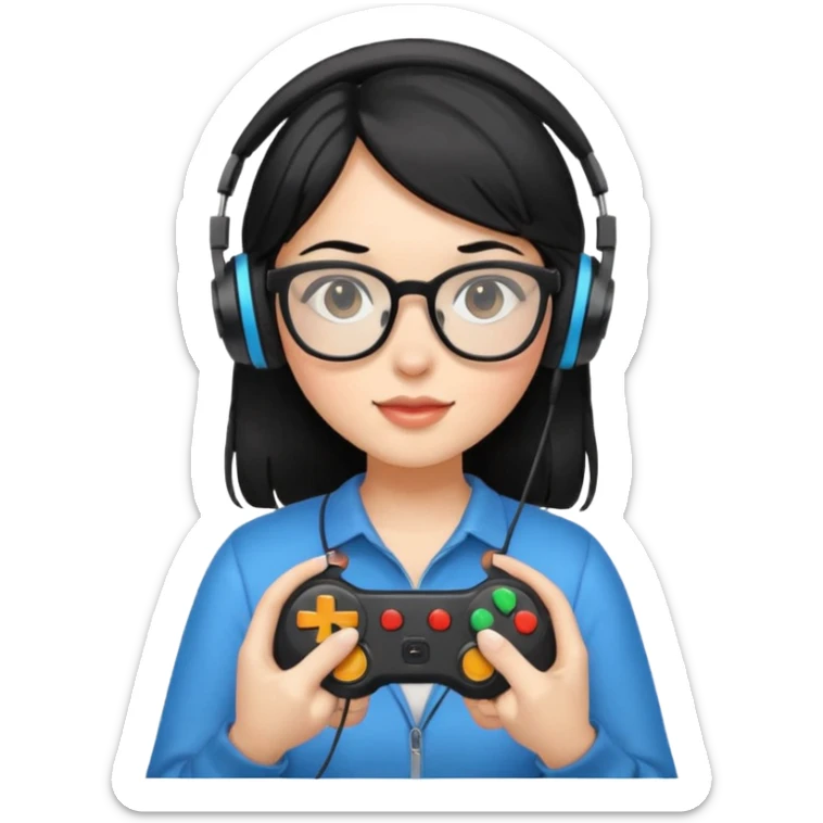 
gamer, black hair girl with glasses, headphone, gamepad sticker