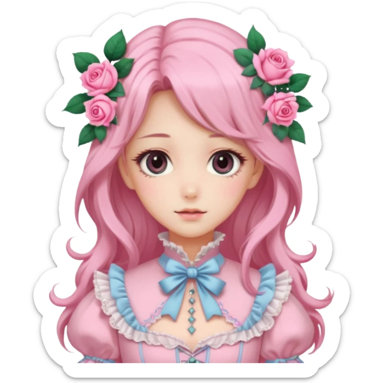 Gorgeous pastel anime lady with long hair and pink victorian style clothes and roses sticker
