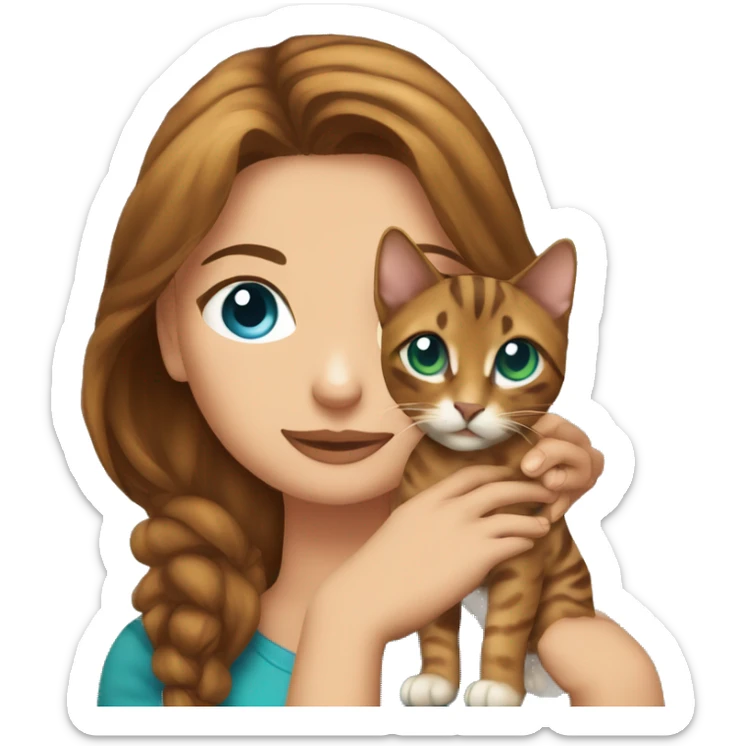 a beautiful girl with green eyes and brown hair is holding a Bengal cat with blue eyes in her arms sticker