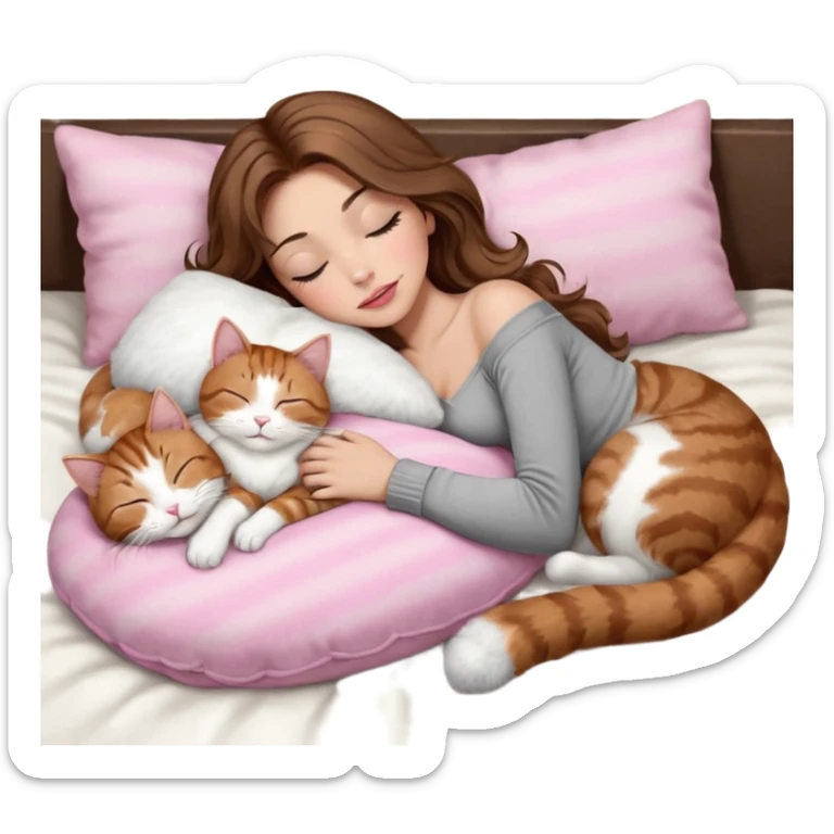 girl with long wavy brown hair, brown eyes, long lashes makeup, sexy pink lips, light to medium complexion,  sleeping on a cozy pillow, with 6 cats: 1 brown and white tabby cat, 1 ginger and white, 2 grey and white, 1 grey with white mittens and small white patch on chest and 1 calico, sleeping sticker