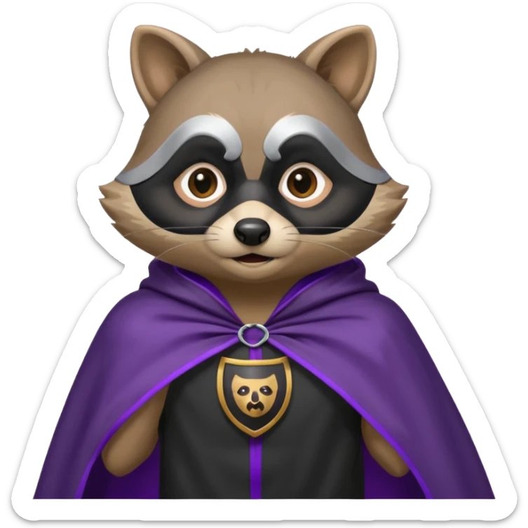 alors ce raton laver doit être équipé d'une cape de thieving noir avec trim bordure mauve comme dans le jeu old school runescape. au centre de la cape une icone de masque de voleur est visible . le visage du raton est shook sticker