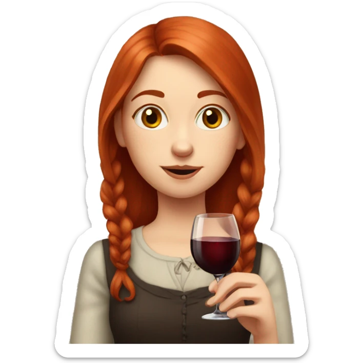 Portrait of a red-haired girl who drinks red wine with cat sticker