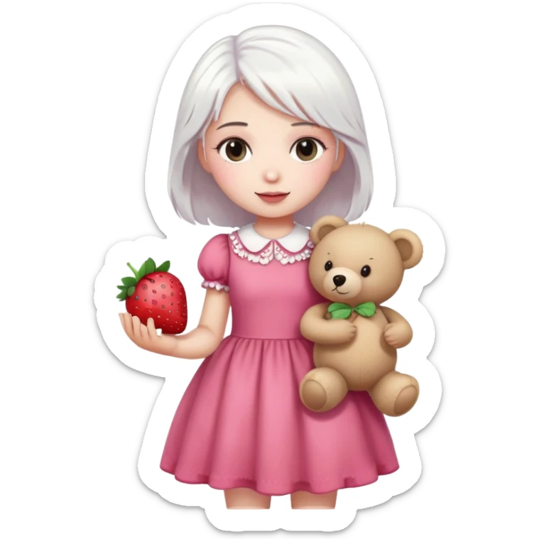 girl with white hair holding a strawberry wearing a pink dress holding a teddy bear sticker