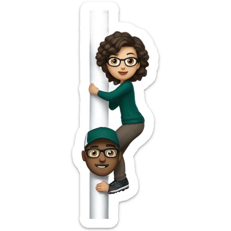 Dark brown hair female with glasses and white male with light brown hair who are both eagles fan climbing up a pole sticker
