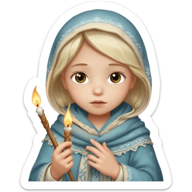 A small girl in a worn winter dress and shawl, holding a glowing matchstick close to her face, eyes wide with soft hope.
 sticker