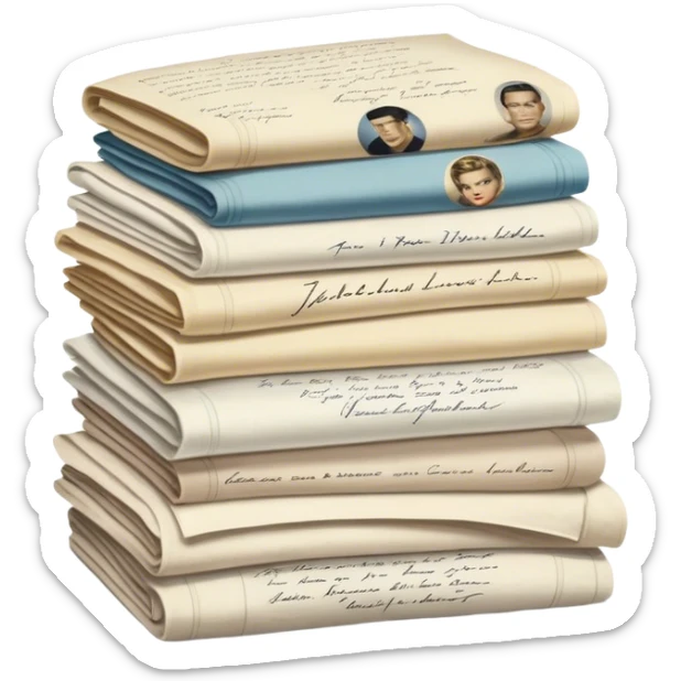 Icon for Autograph Collecting: several vintage framed with signatures of famous celebrities sheets stacked one on top of the other, each . The icon should evoke the charm and history of collecting autographs. Transparent background. sticker