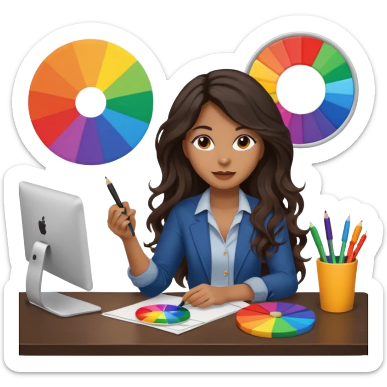female dark wavy long hair graphic designer , holding color wheel , pens, papers, desktop sticker