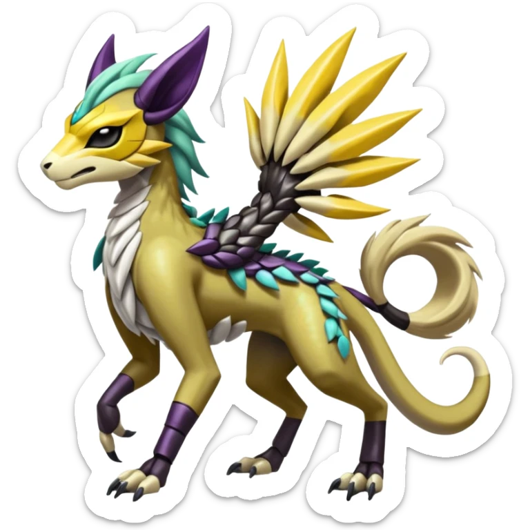 Colorful masked armored leathery scaly furry feral quadrupedal Meloetta-Manectric-Solgaleo-Raikou-Pokémon-Digimon-Fakémon-fusion-hybrid-creature sticker