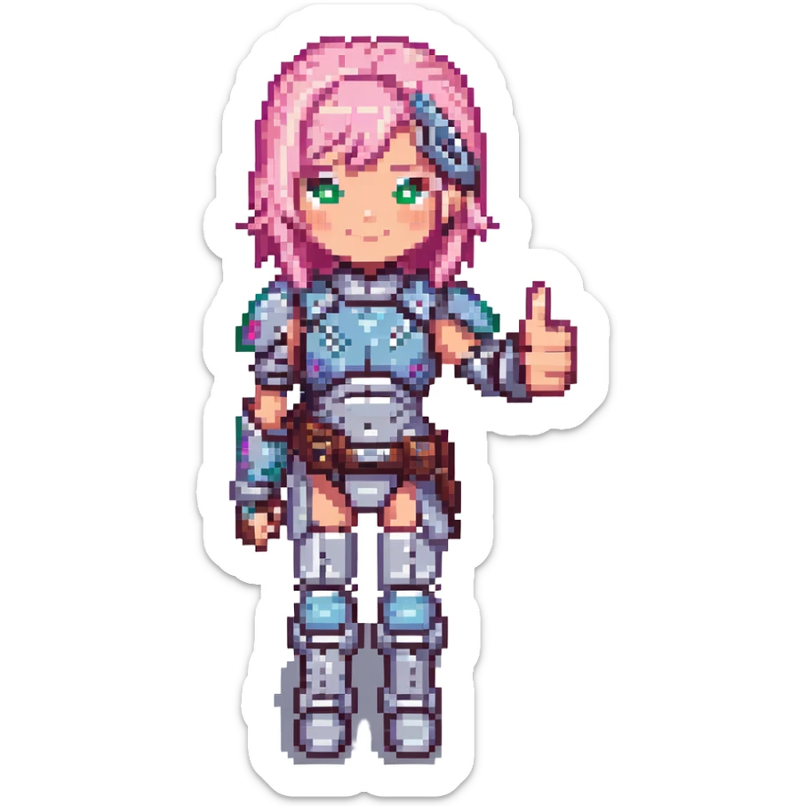 cyborg girl with pink hair giving a thumbs up, pixel art style, detailed armor sticker