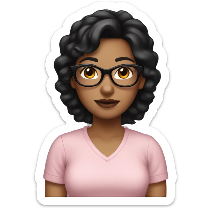 A girl with black hair and black glasses, earrings, a light pink shirt, light skinned sticker