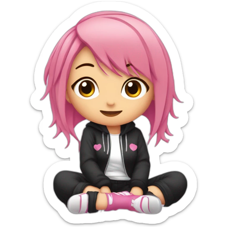 full body Front view curvy emo girl pink hair sits on the floor straight view hands up черная юбка белые трусики рваные полосатые чулки sticker