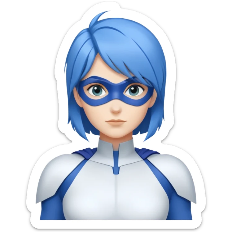 Close-up emoji of a friendly woman with blue hair (no mask), wearing a minimalist blue and white superhero suit with broad shoulders. The suit has a large blank area on the chest for a logo, uses only blue and white colors, and has minimal details.  sticker