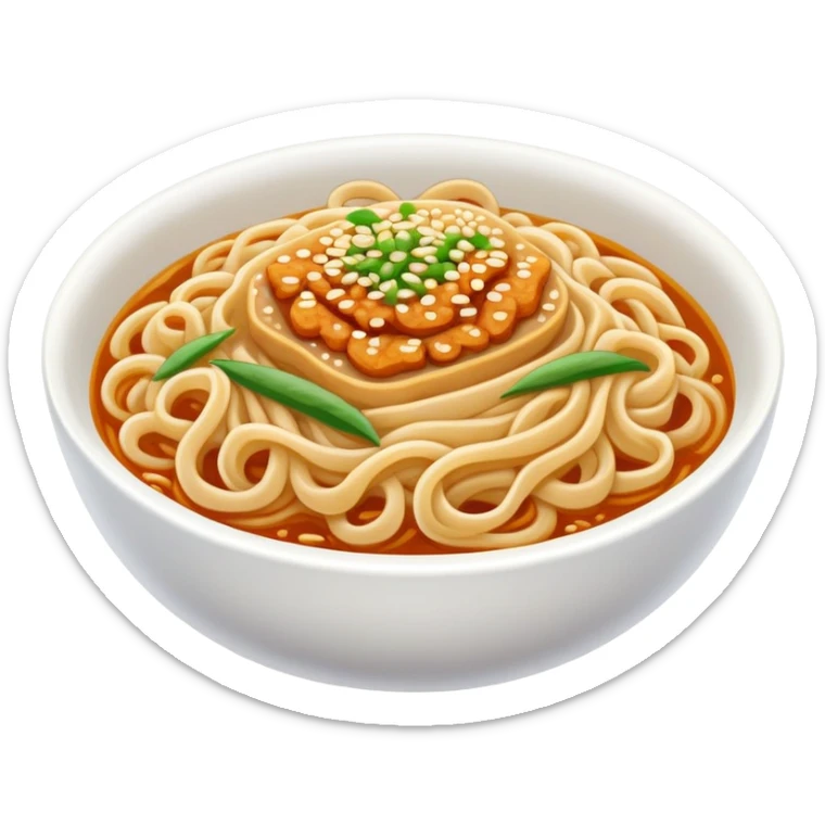 Wuhan Hot Dry Noodles with sesame paste topping, simplified emoji style with bold outlines and bright colors, cartoon style Hubei specialty breakfast sticker