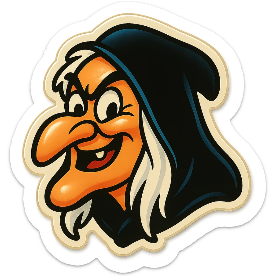 classic cartoon witch emoji with black hood, wild white hair, exaggerated nose, mischievous grin, vintage animation style sticker