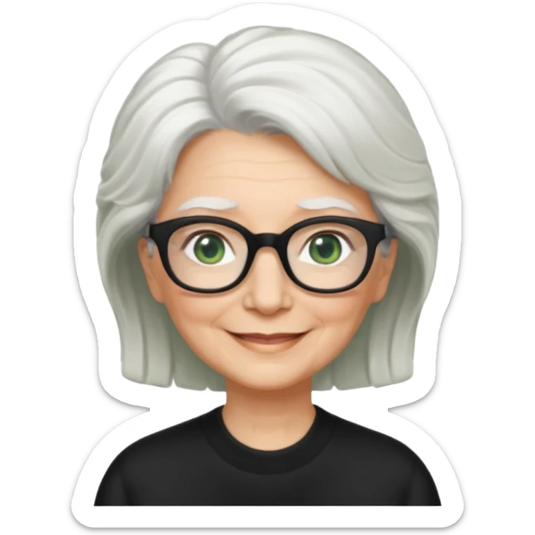 White hair grandma, green eyes, hair to shoulder, lokeg black glasses, rectangles face, smile , sticker