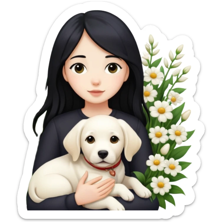 A girl with long black hair is holding a white Labrador in the flowers sticker