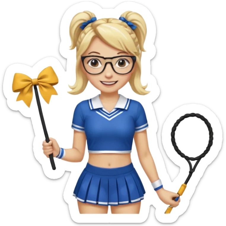  Sexy Dominatrix blonde hair and glasses full body with whip in a cheerleaders outfit  hair ties back sticker