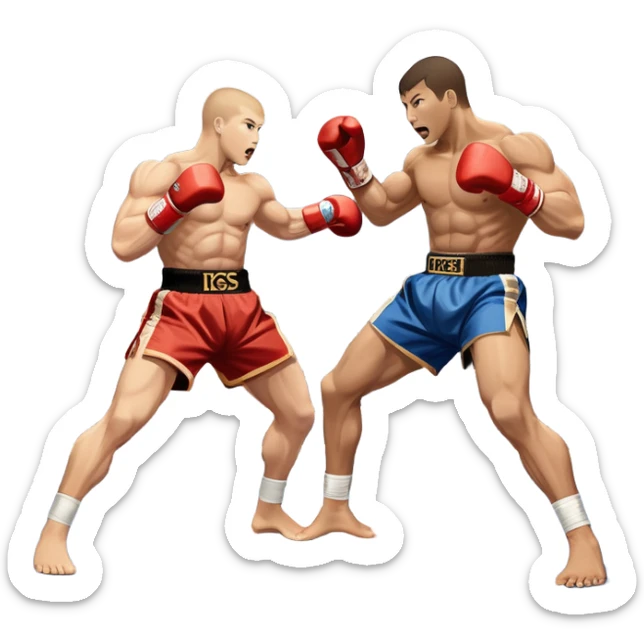An icon symbolizing kickboxing, featuring two fighters in the midst of an intense match. One throws a powerful roundhouse kick, while the other counters with a punch. The background shows a ring, with ropes and a cheering crowd. Transparent background highlights the action and strength sticker