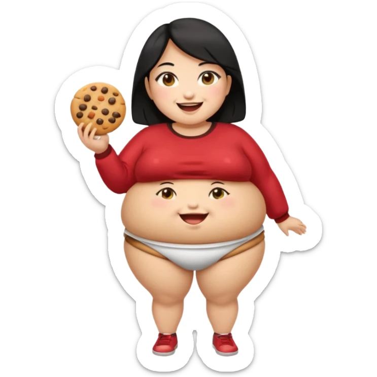 create a humongous asian girl with black hair, with 2 burgers and a cookie in her mouth, she is super obese, please make her a full body emoji, mega huge tummy   sticker
