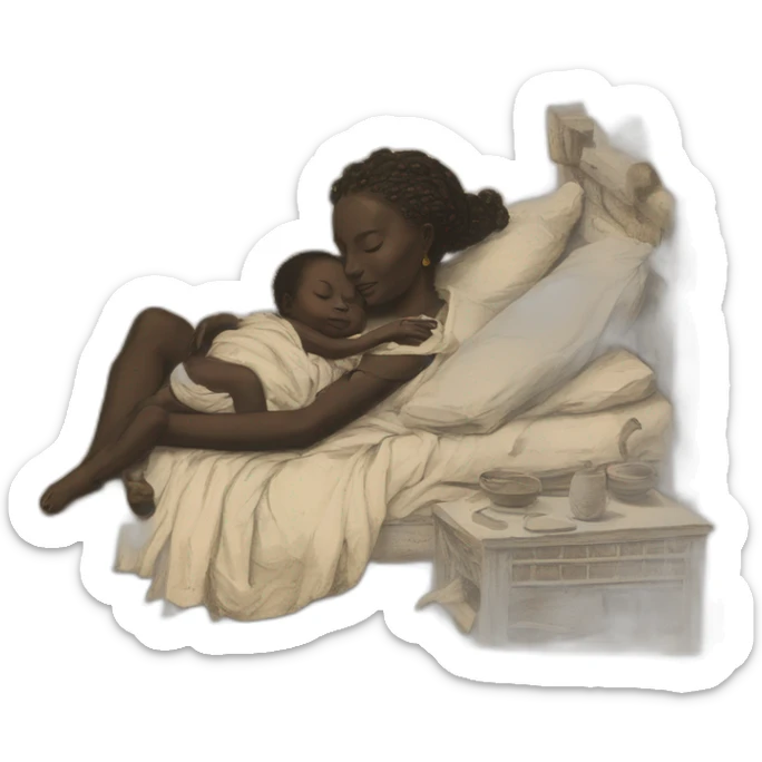 The tribal african woman sleeping in bed with a babies bab babies, 17th century, sticker