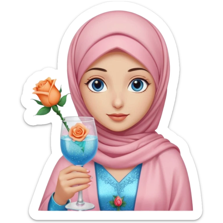 Turkish beautiful finish Konya girl blue eyes with light pink hijab islamic dress and had on her hand Glittery rose mocktail with orange light pink roses sticker