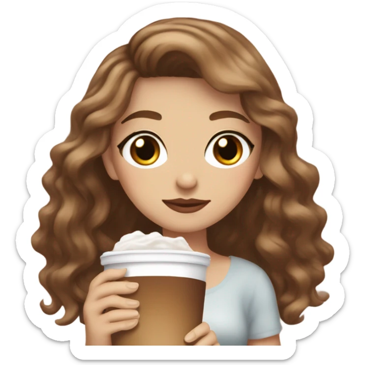 aesthetic white girl with brown wavy hair and brown eyes sipping an iced americano in a cute coffee shop  sticker